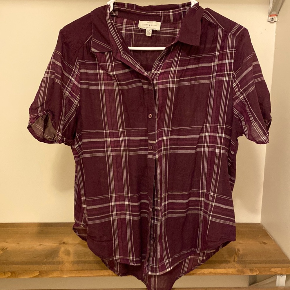 purple plaid button up